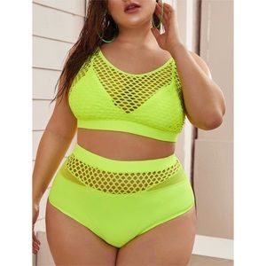 neon green fishnet high waisted bikini swimsuit